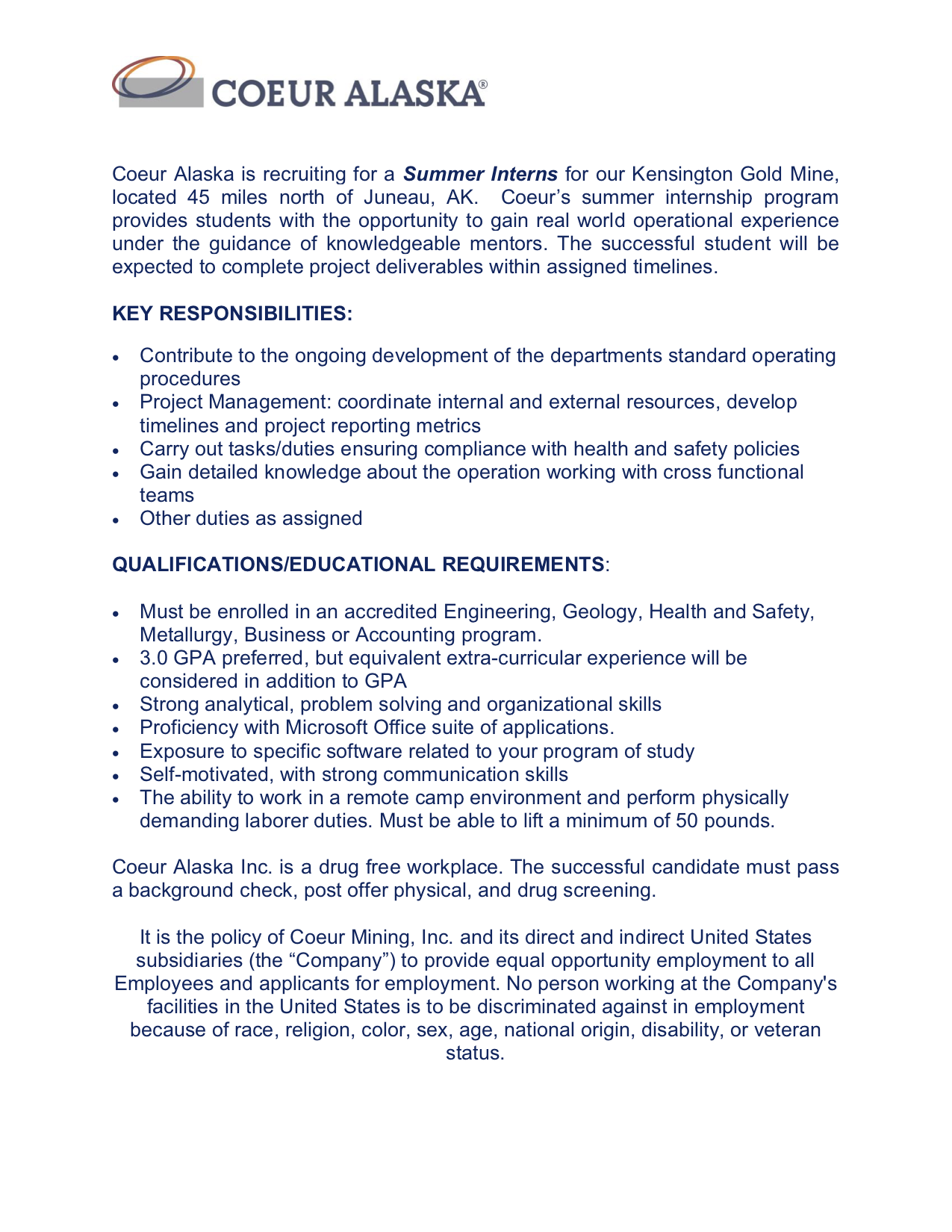 Couer Alaska/Kensington Mine Employment Opportunities Kake Tribal